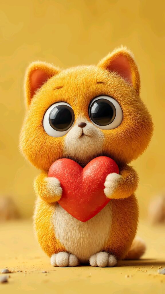 orange cat wallpaper, cute cat wallpaper, yellow background wallpaper, heart holding cat, adorable animal wallpaper, cat love wallpaper, hd cat wallpaper, iphone wallpaper, android wallpaper, pet wallpaper, trending wallpaper, aesthetic wallpaper