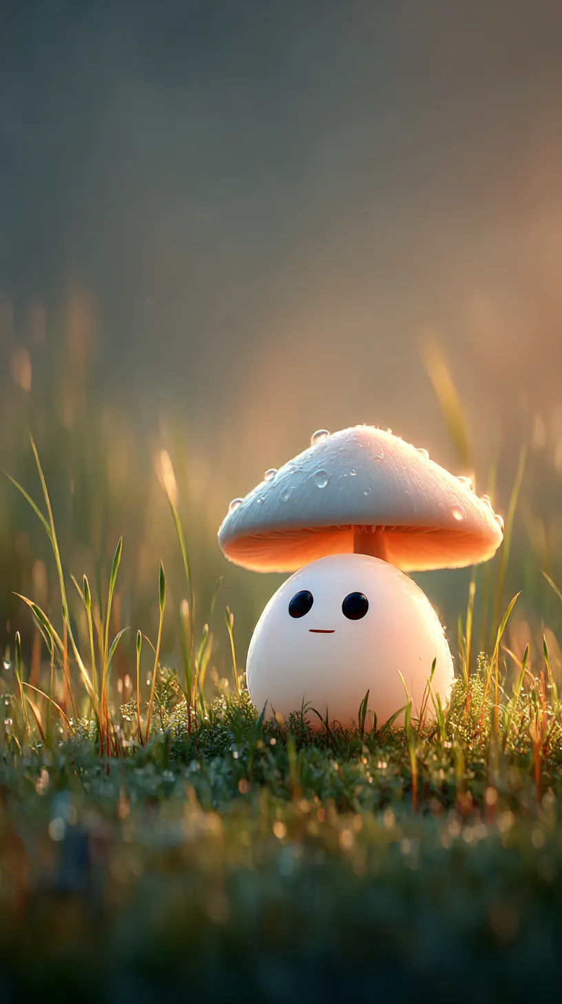 cute mushroom water character glowing with soft blue waves and mushroom cap